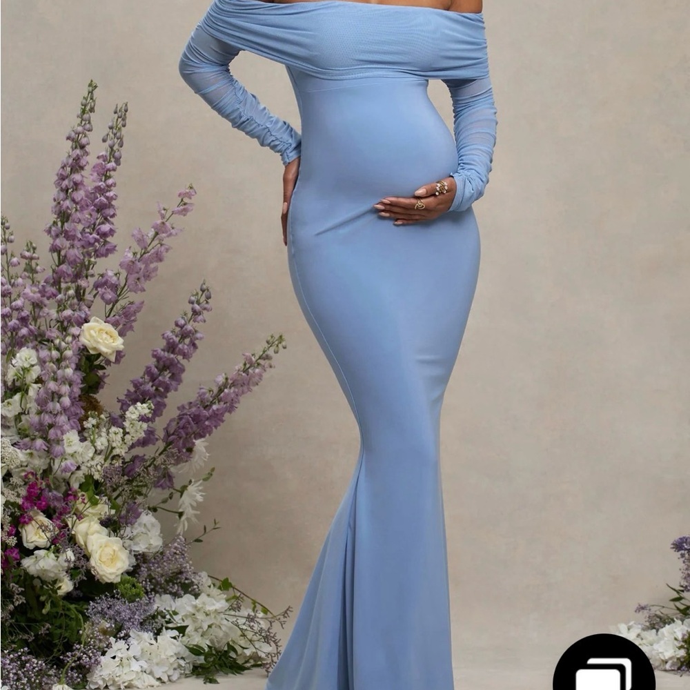 Club L London Off-Shoulder Long Sleeve Maternity Blue Dress